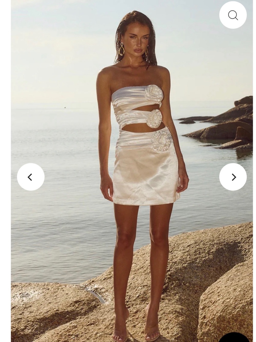 American Threads Ivory Satin Strapless Mini Dress with Rosette Cutouts